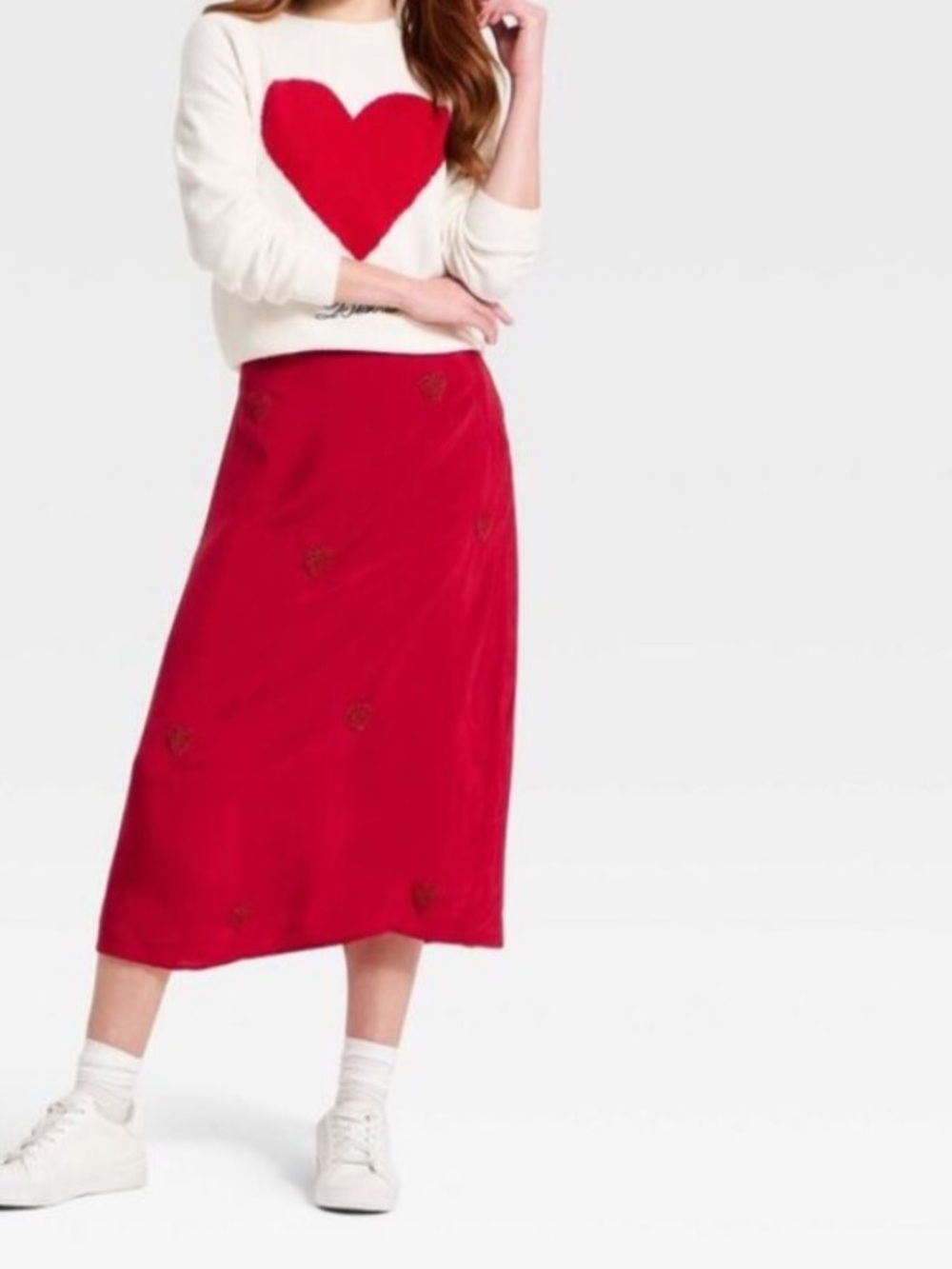 a new day Red Midi Skirt with Heart Embroidery